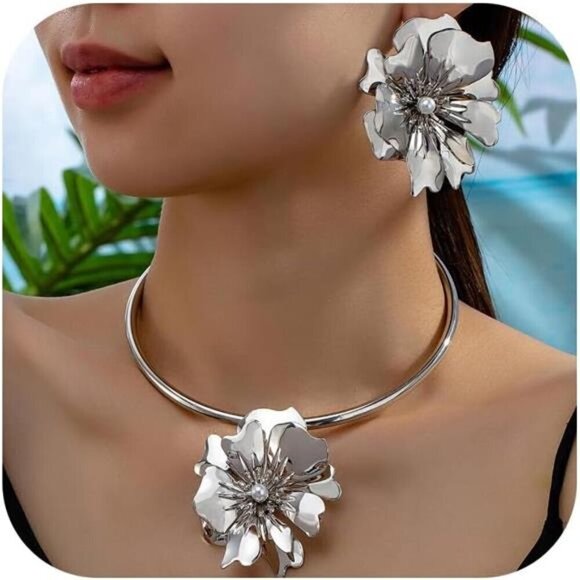 SilverJewelry Sets for Women, Silver Necklace and Earring Set Dainty Big flower - Picture 1 of 7